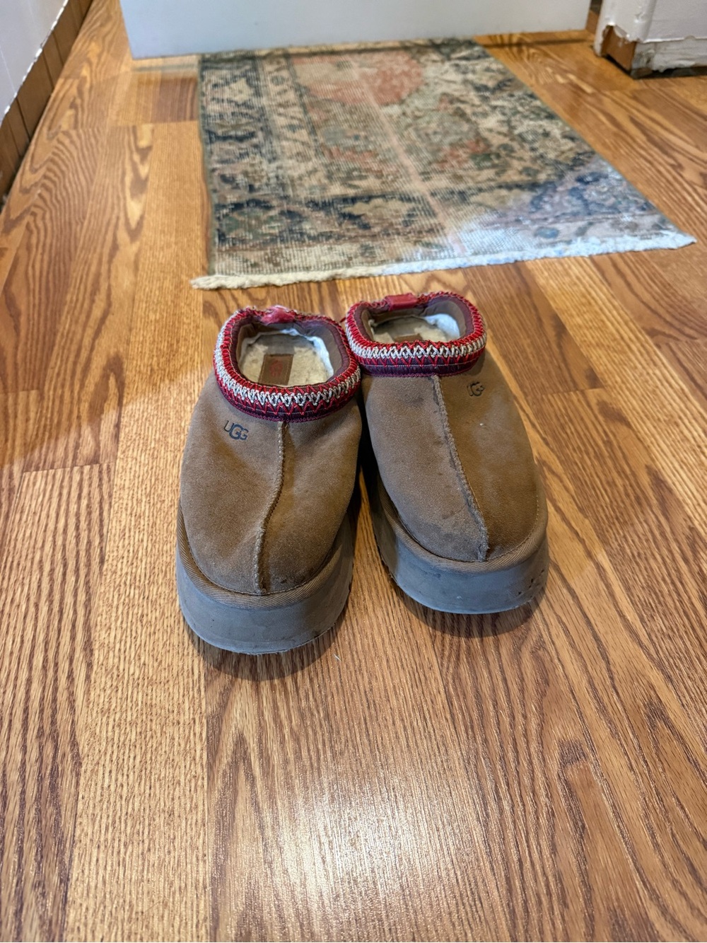 UGG Brown Suede Slip-On Clogs with Red Trim